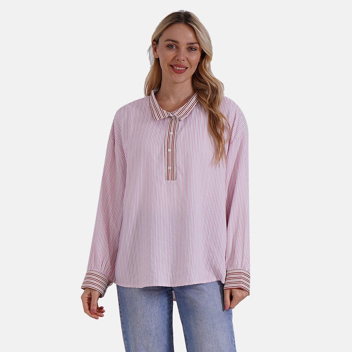 La Marey Colour Block Stripe Design Shirt (Size L) - Pink, White &amp; Red Strips 8034708 1