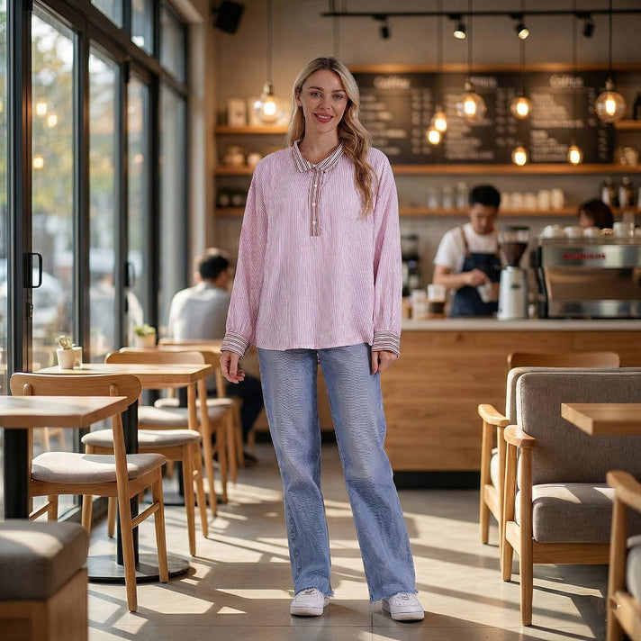 La Marey Colour Block Stripe Design Shirt (Size L) - Pink, White &amp; Red Strips 8034708 2
