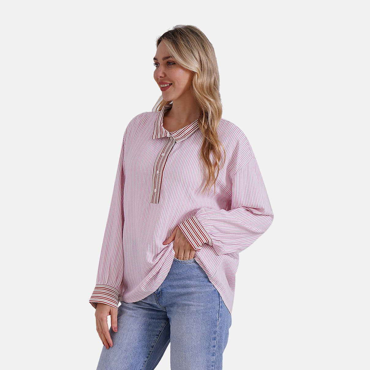 La Marey Colour Block Stripe Design Shirt (Size L, 16-18) - Pink, White &amp; Red Strips 8034708 4