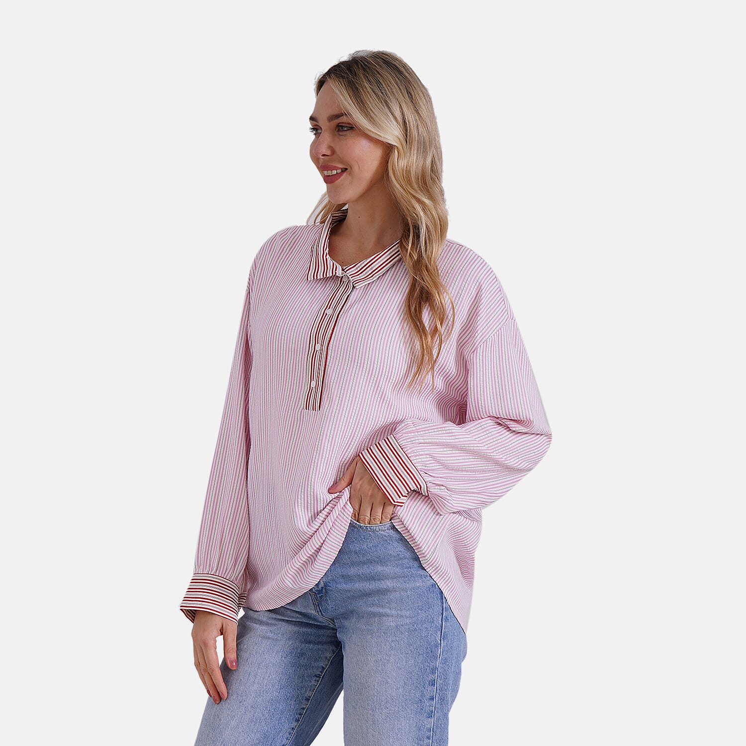 La Marey Colour Block Stripe Design Shirt (Size L, 16-18) - Pink, White &amp; Red Strips 8034708 4