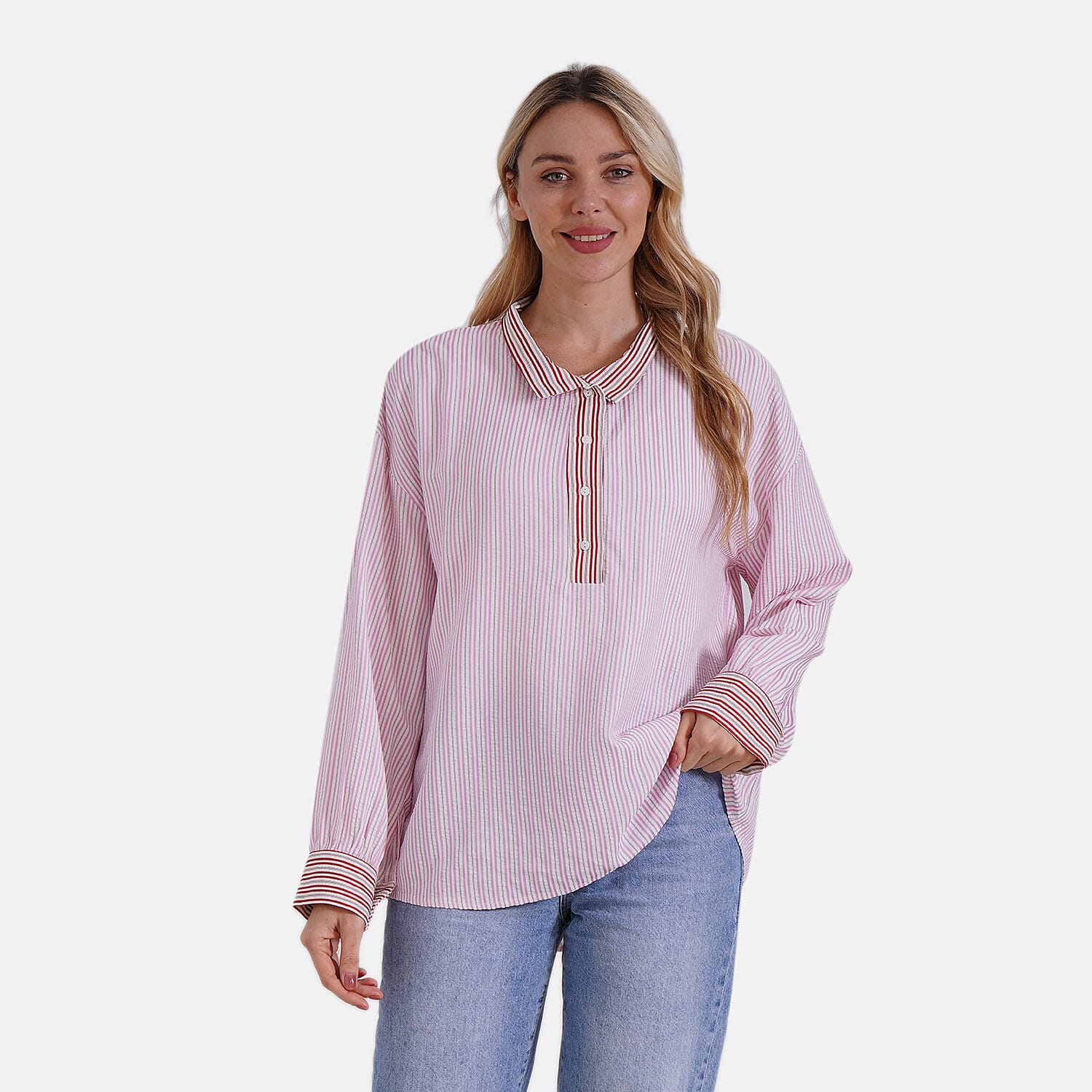 La Marey Colour Block Stripe Design Shirt (Size L, 16-18) - Pink, White &amp; Red Strips 8034708 5