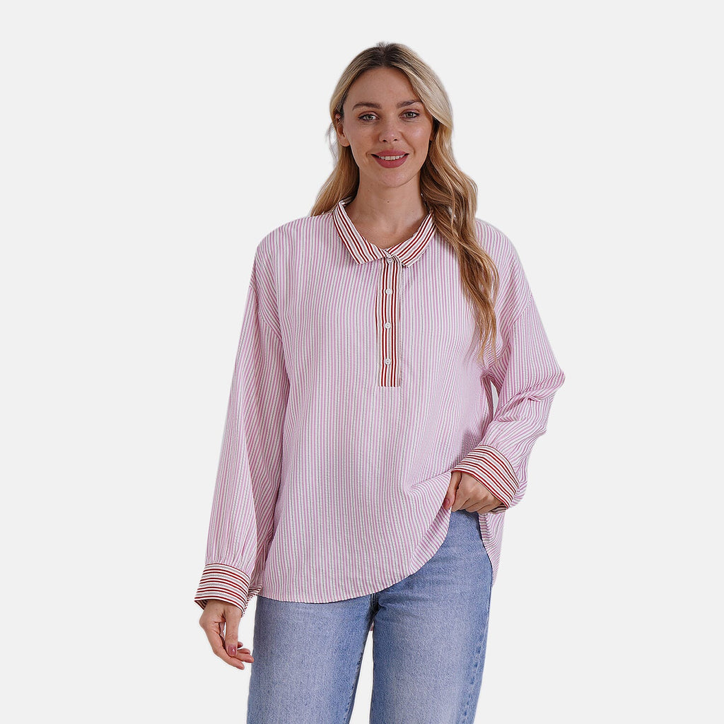 La Marey Colour Block Stripe Design Shirt (Size XL) - Pink, White & Red Strips