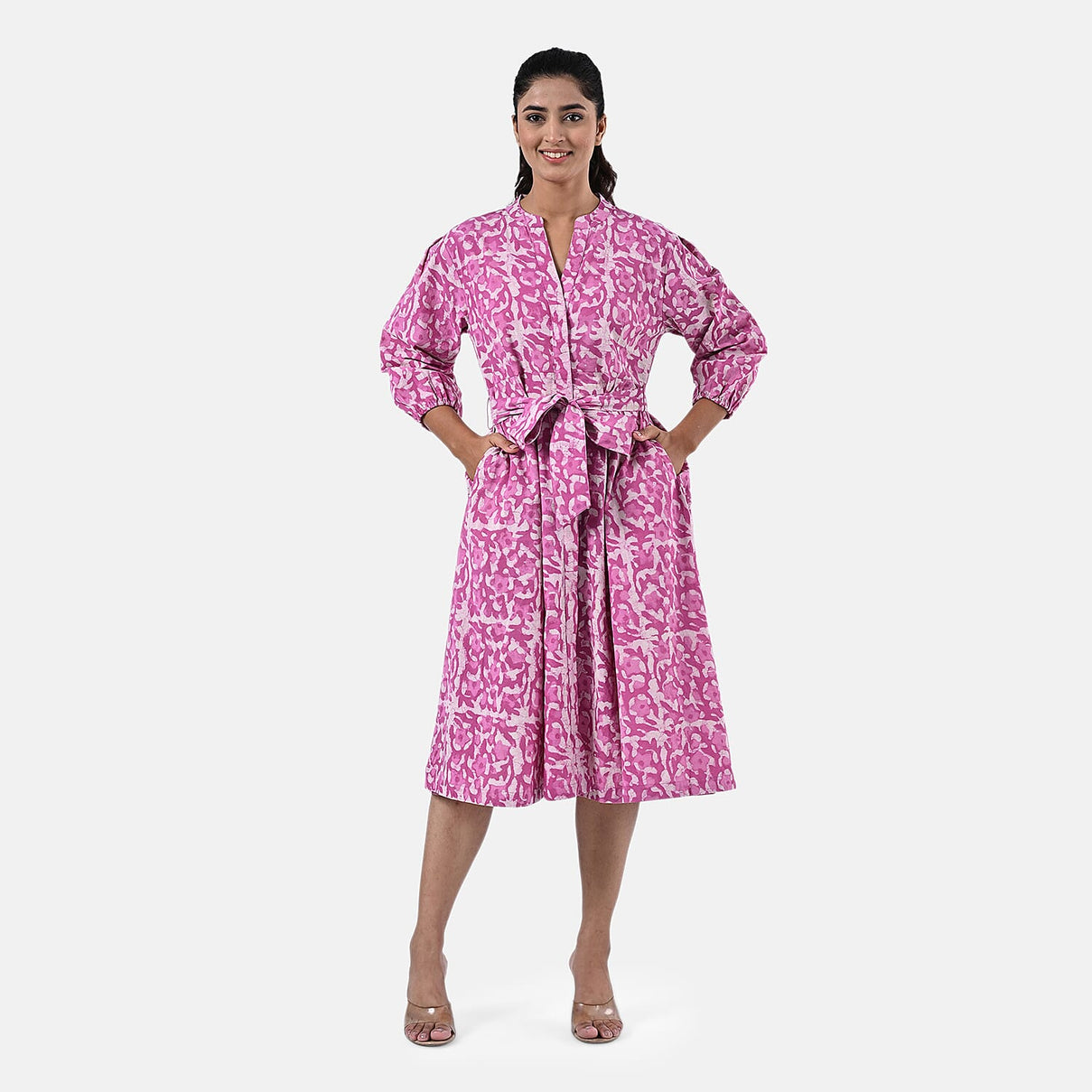 Sukriti 100 % Cotton Hand Block Print Dress with Belt (Size L) - Pink 7989710 0