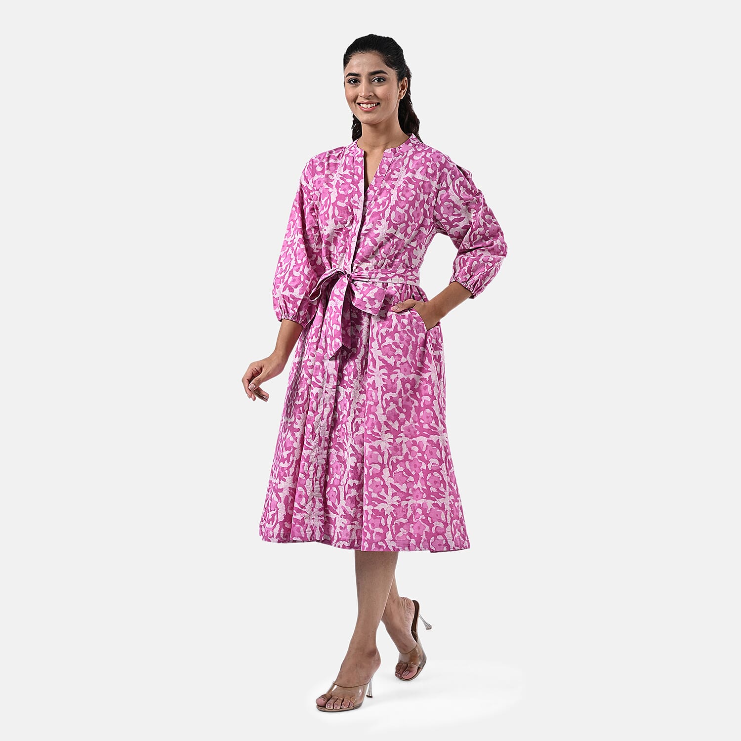 Sukriti 100 % Cotton Hand Block Print Dress with Belt (Size L) - Pink 7989710 2