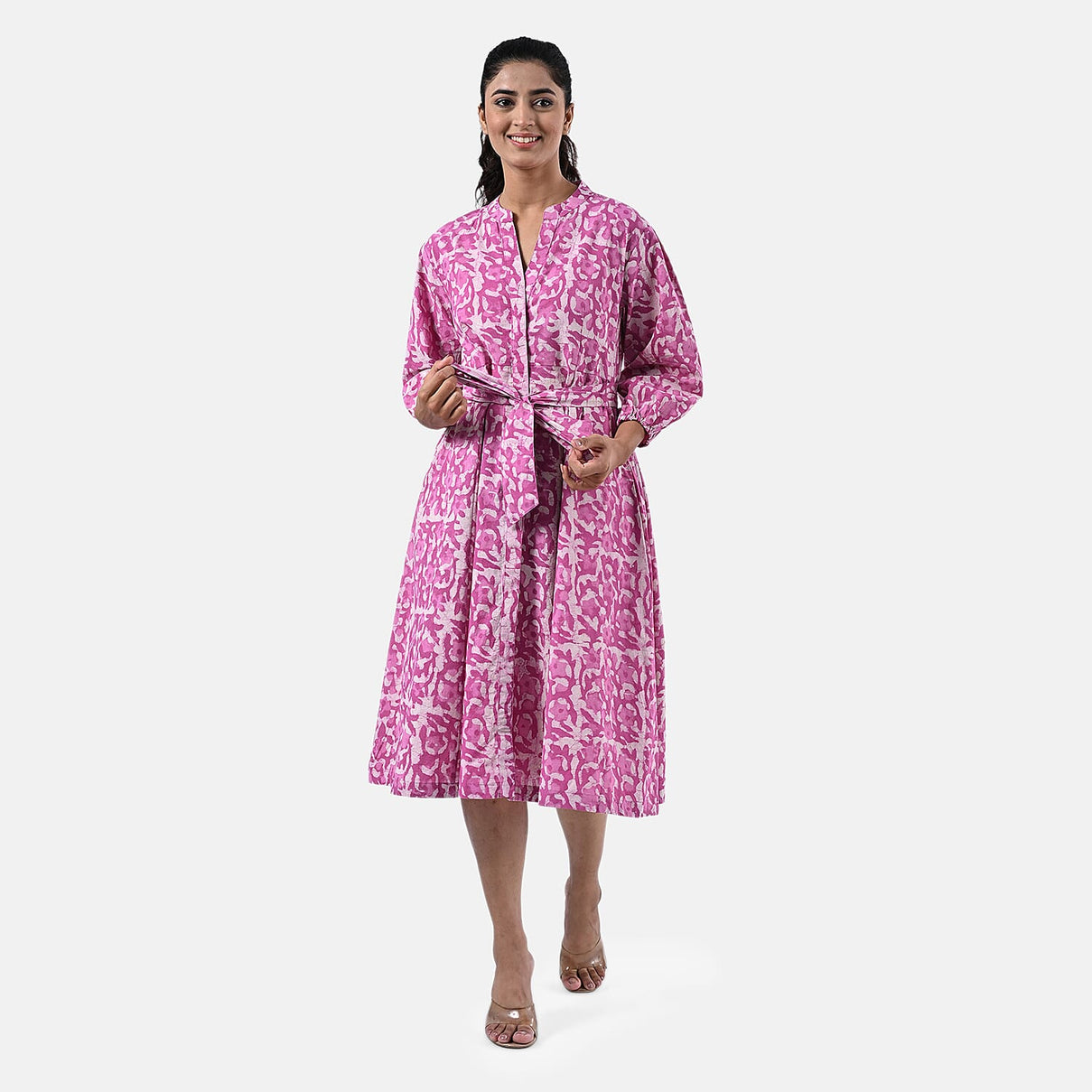 Sukriti 100 % Cotton Hand Block Print Dress with Belt (Size L) - Pink 7989710 4