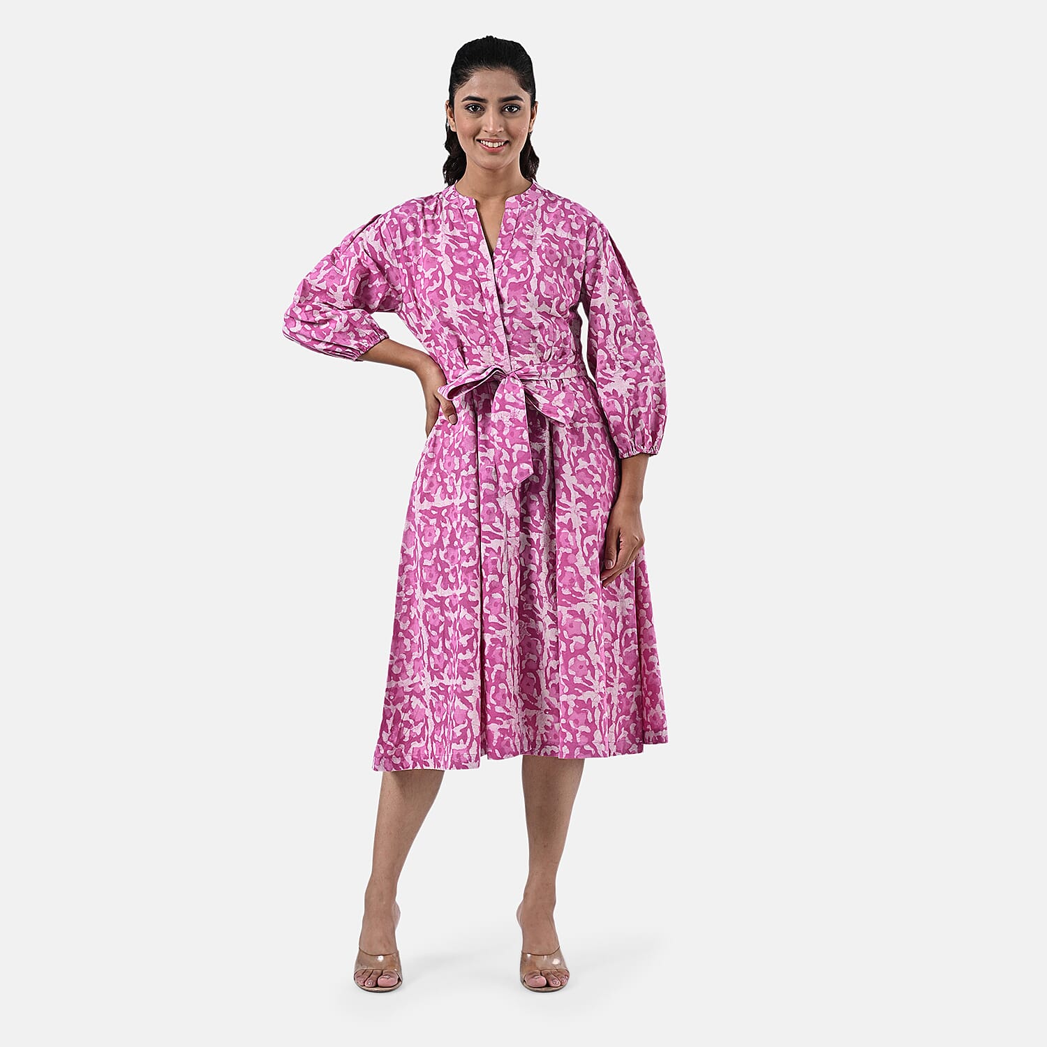 Sukriti 100 % Cotton Hand Block Print Dress with Belt (Size L) - Pink 7989710 5