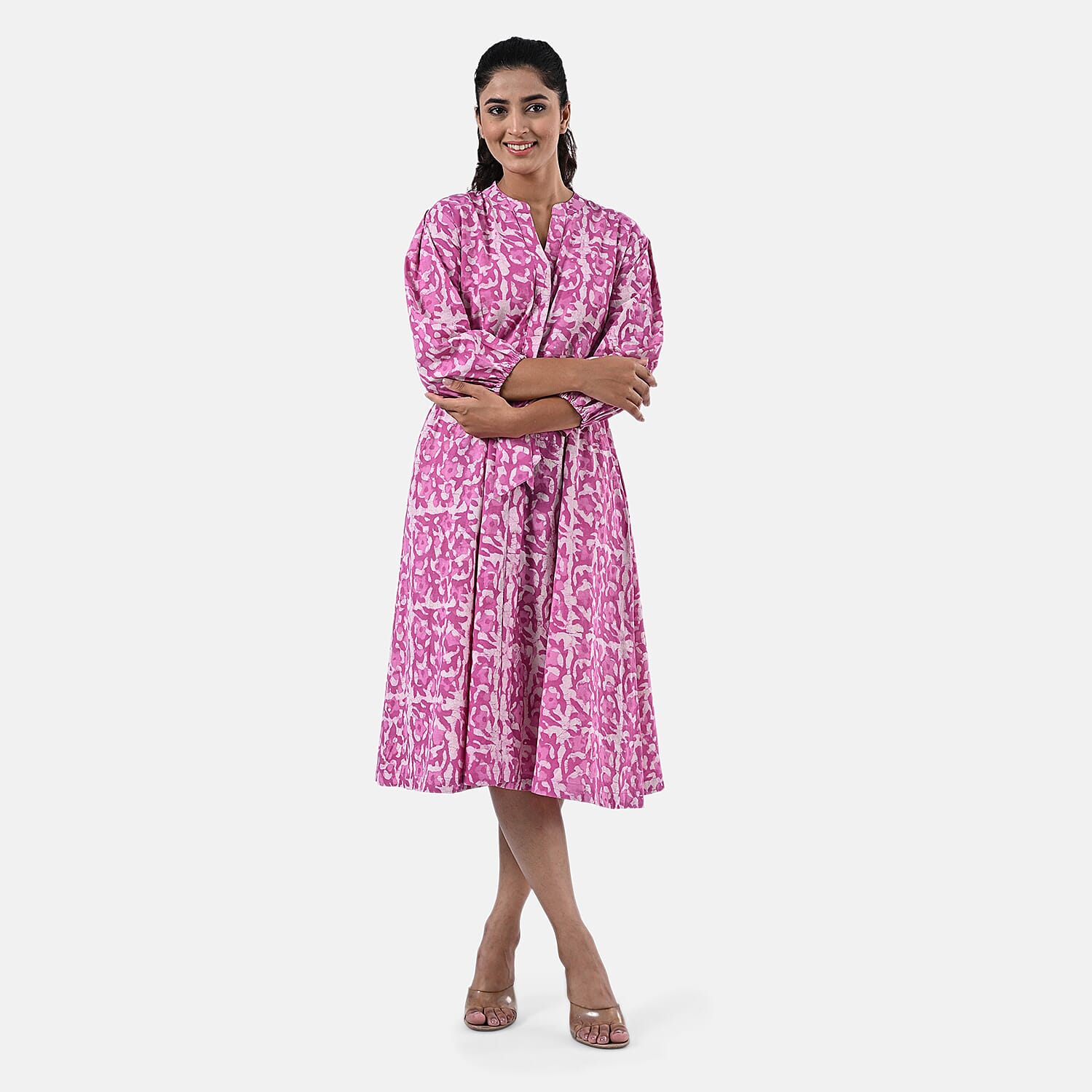 Sukriti 100 % Cotton Hand Block Print Dress with Belt (Size L) - Pink 7989710 6