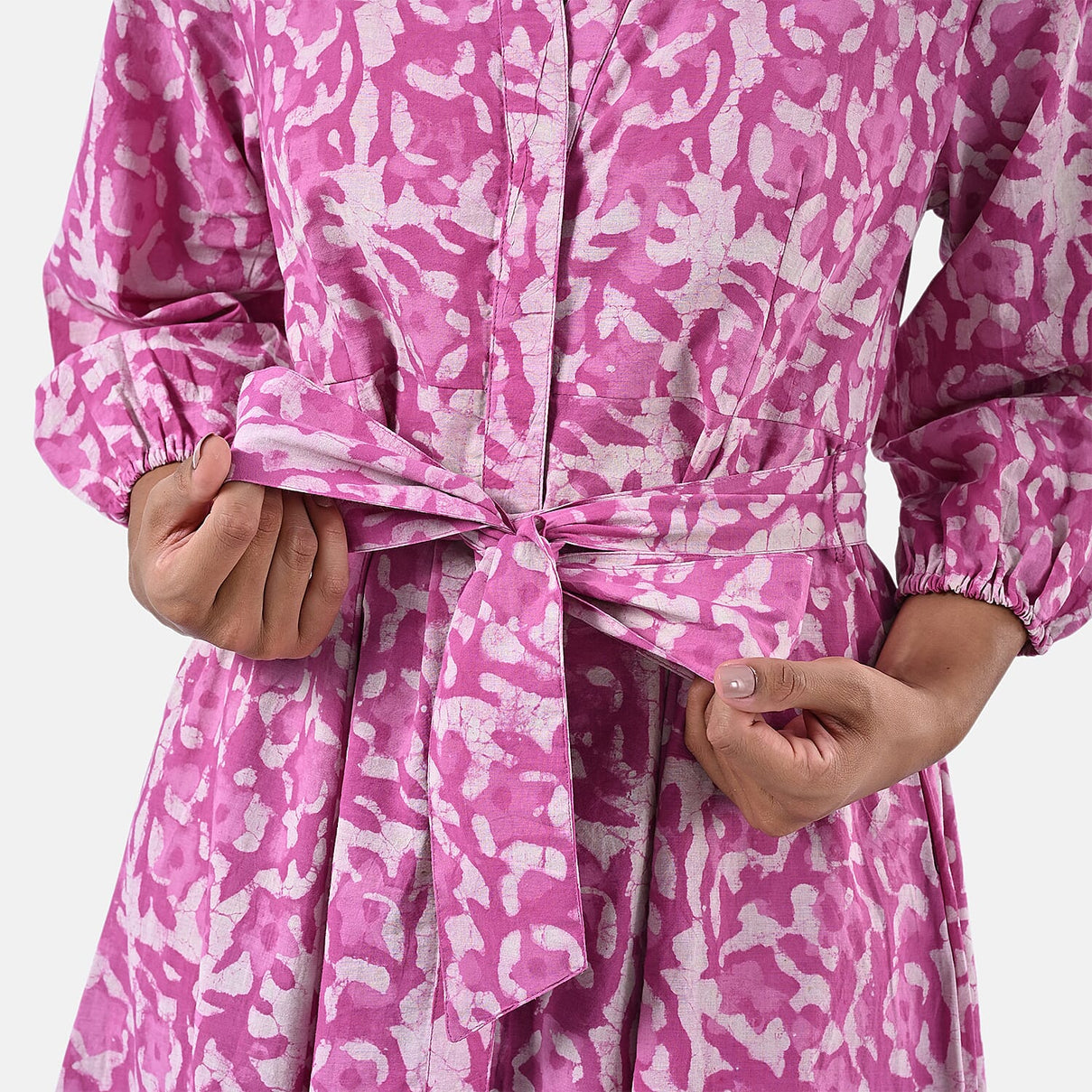 Sukriti 100 % Cotton Hand Block Print Dress with Belt (Size L) - Pink 7989710 7