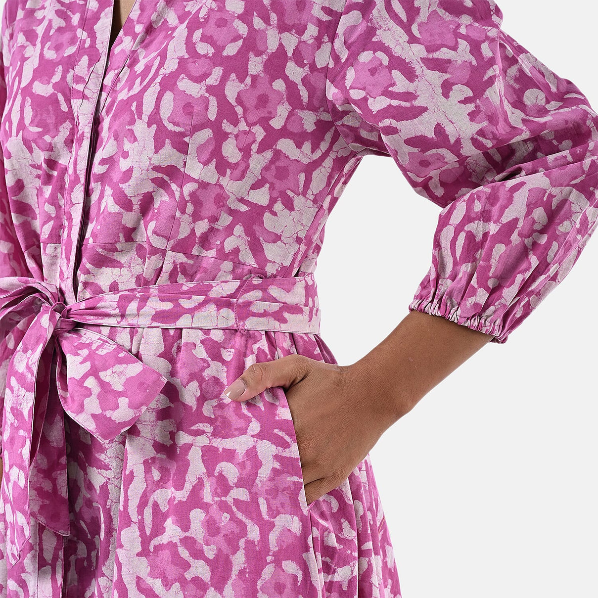 Sukriti 100 % Cotton Hand Block Print Dress with Belt (Size L) - Pink 7989710 10