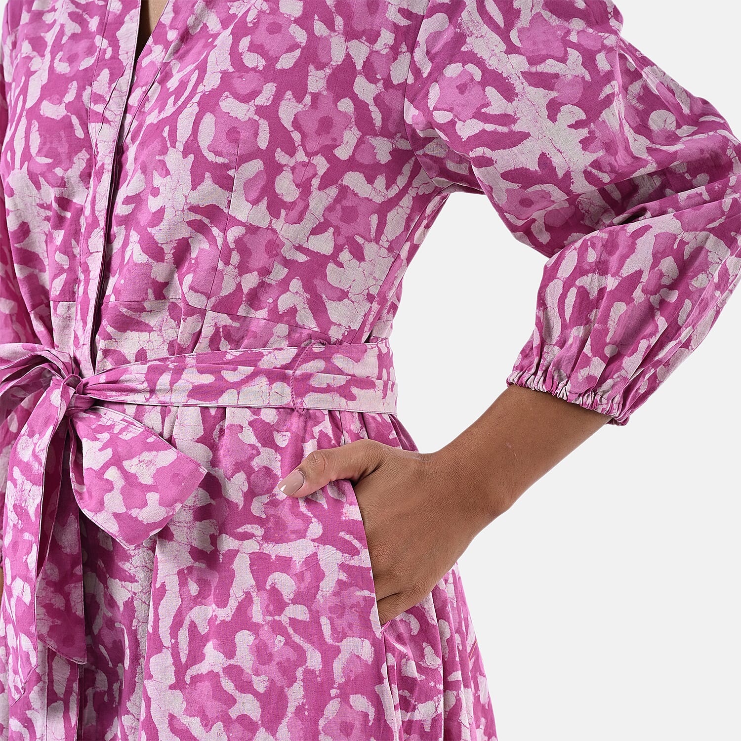 Sukriti 100 % Cotton Hand Block Print Dress with Belt (Size L) - Pink 7989710 10