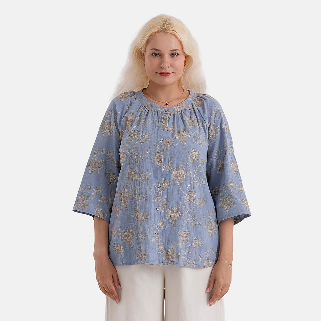 La Marey Cotton Embroidered Short Sleeve Top (Size - L-XL, 16-22) - Light Blue