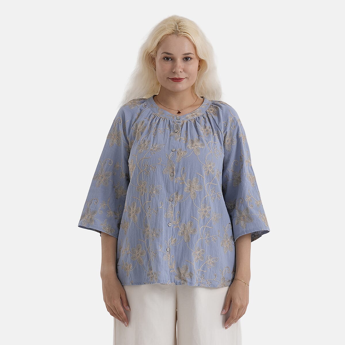 La Marey Cotton Embroidered Short Sleeve Top (Size - L/XL, 16-22) - Light Blue V32563277 0