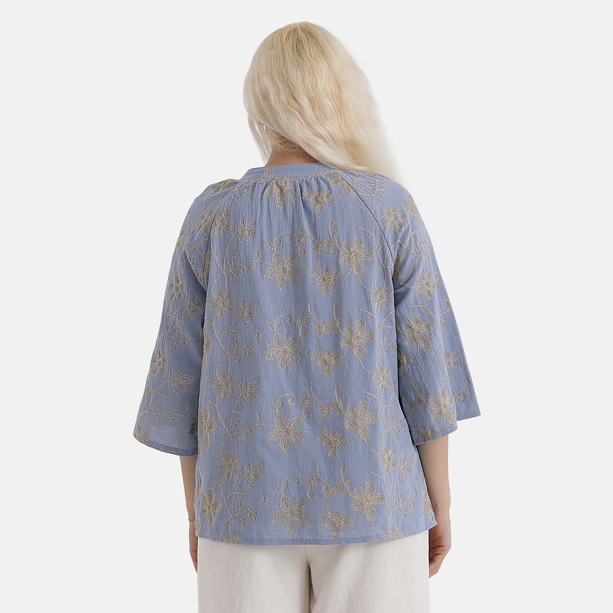 La Marey Cotton Embroidered Short Sleeve Top (Size - L/XL, 16-22) - Light Blue V32563277 3
