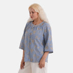 La Marey Cotton Embroidered Short Sleeve Top (Size - L-XL, 16-22) - Light Blue