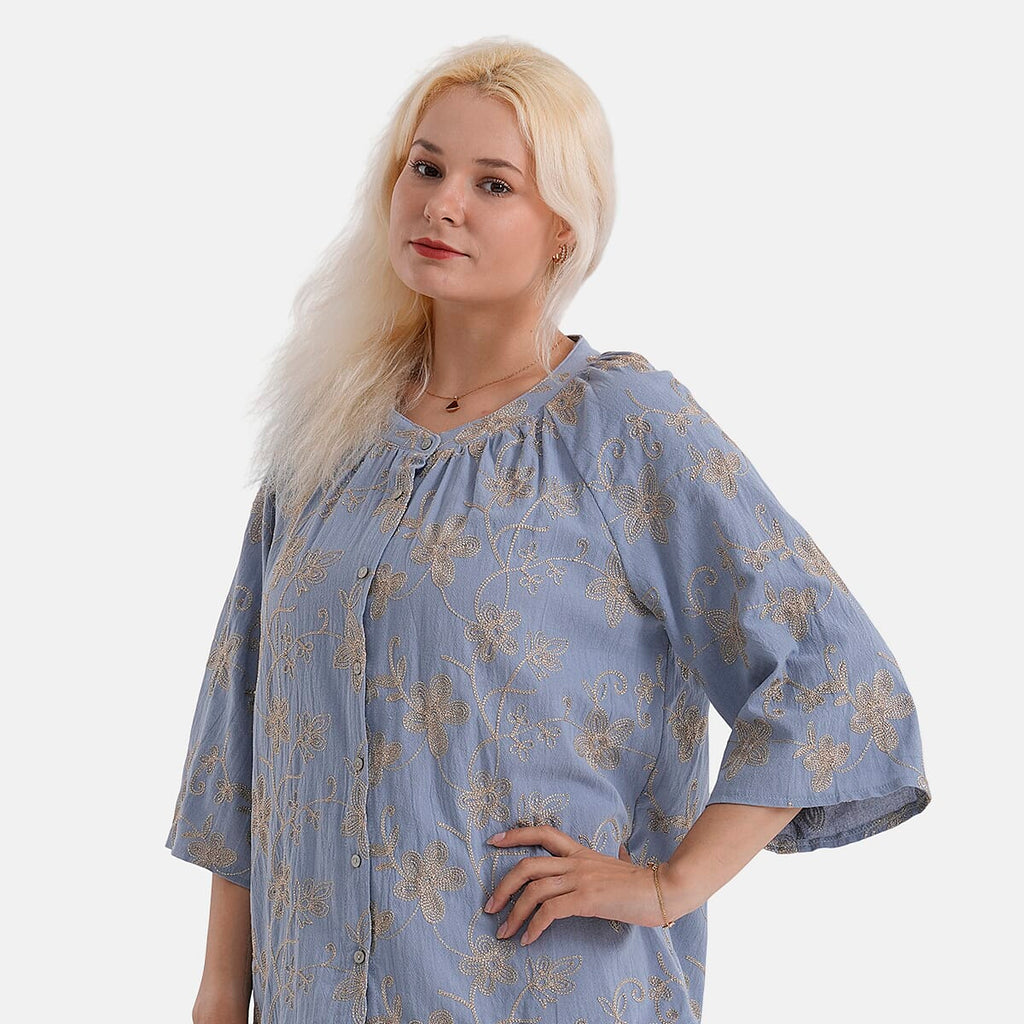 La Marey Cotton Embroidered Short Sleeve Top (Size - L-XL, 16-22) - Light Blue