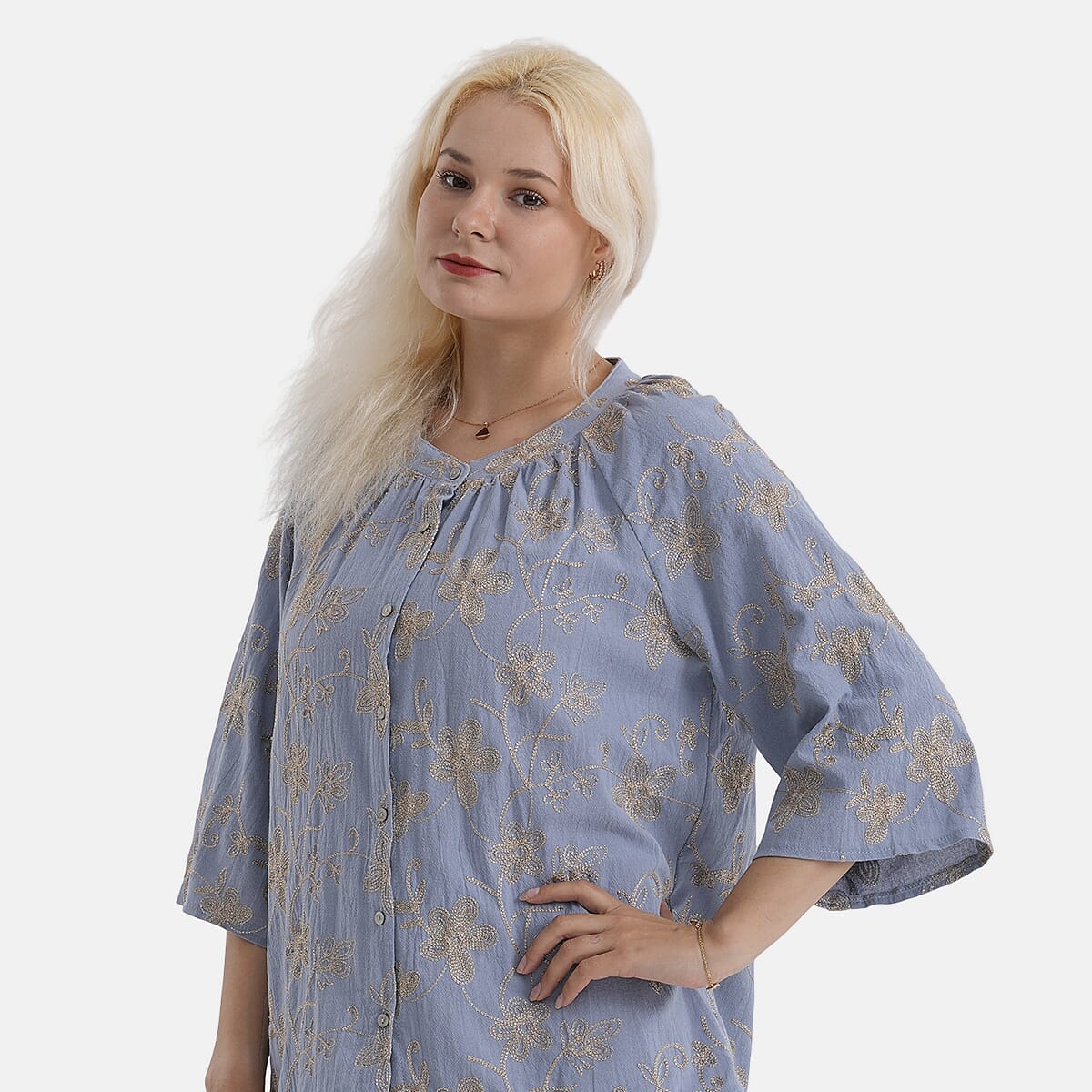 La Marey Cotton Embroidered Short Sleeve Top (Size - L/XL, 16-22) - Light Blue V32563277 5