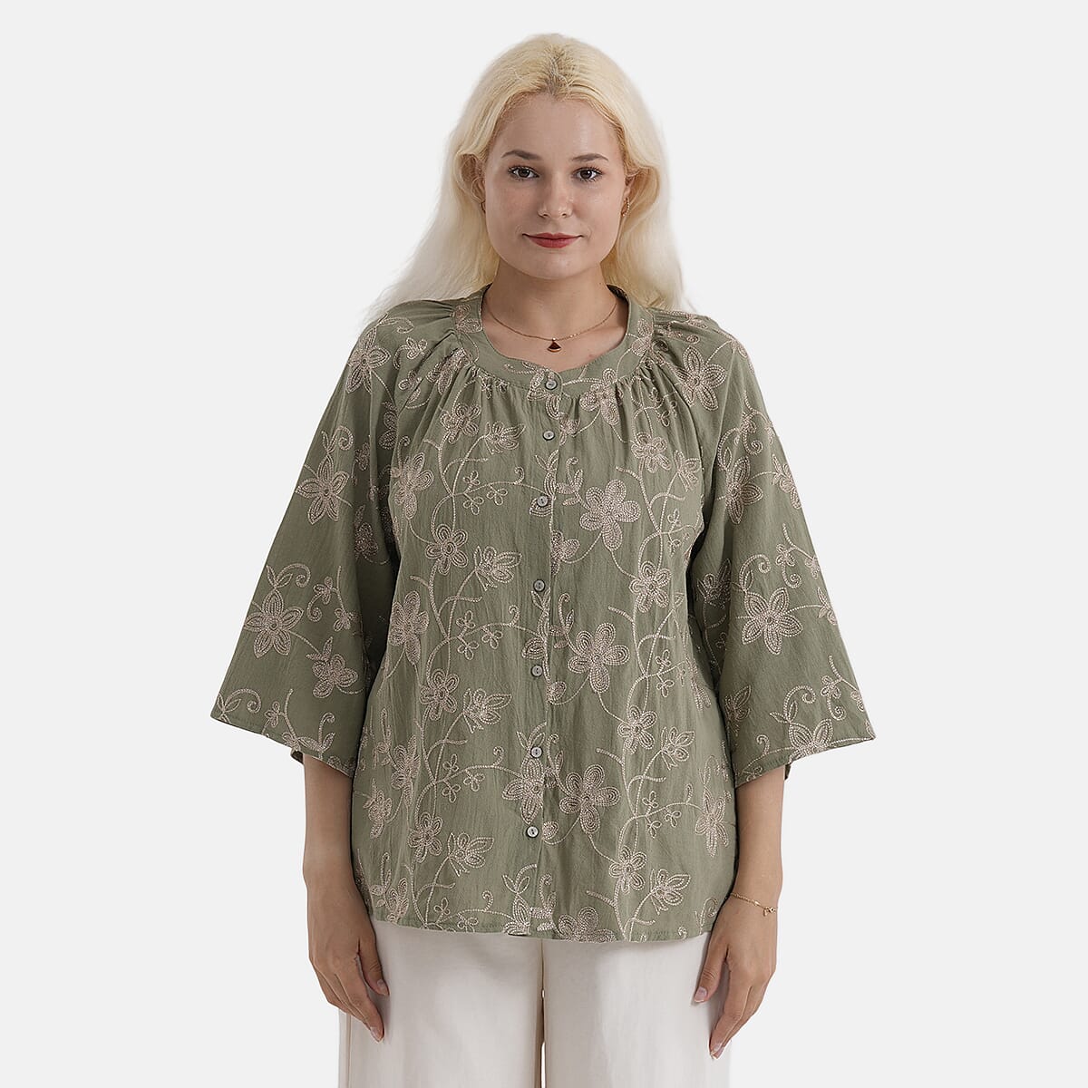 La Marey Cotton Embroidered Short Sleeve Top (Size - L/XL, 16-22) - Moss Green V32529975 0