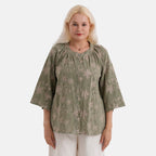 La Marey Cotton Embroidered Short Sleeve Top (Size - L-XL, 16-22) - Moss Green