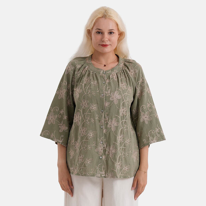 La Marey Cotton Embroidered Short Sleeve Top (Size - L-XL, 16-22) - Moss Green 8482217 1
