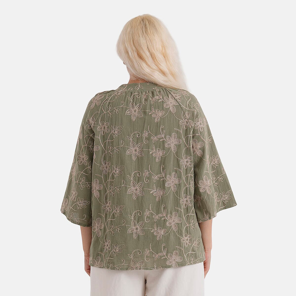 La Marey Cotton Embroidered Short Sleeve Top (Size - L-XL, 16-22) - Moss Green