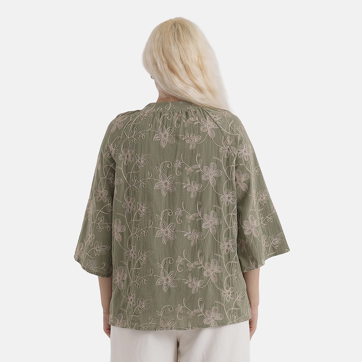 La Marey Cotton Embroidered Short Sleeve Top (Size - L/XL, 16-22) - Moss Green V32529975 3