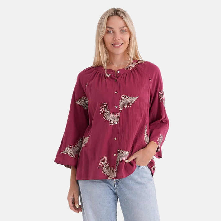 La Marey Cotton Embroidery Long-Sleeve Blouse (Size 16 to 22) - Red 8414920 1