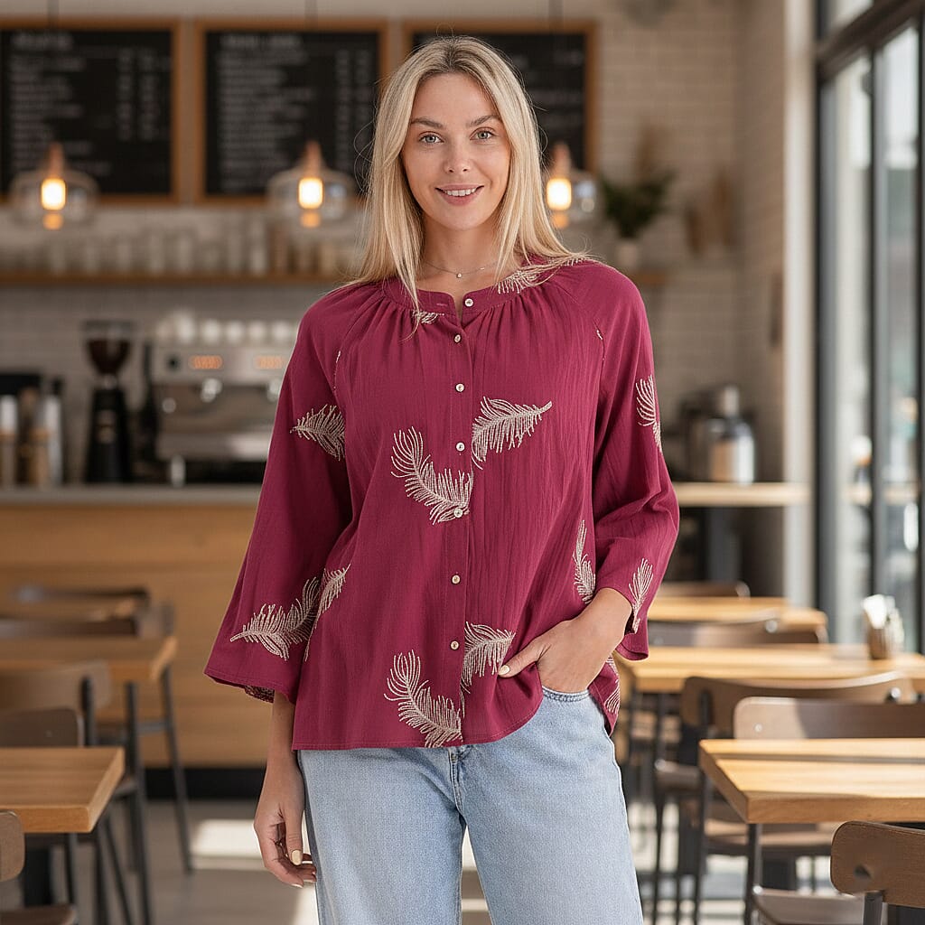 La Marey Cotton Embroidery Long-Sleeve Blouse (Size 16 to 22) - Red V32532810 2