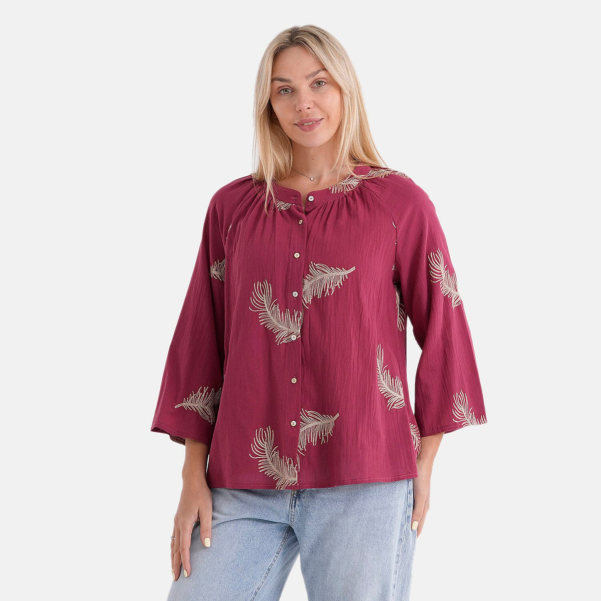 La Marey Cotton Embroidery Long-Sleeve Blouse (Size 16 to 22) - Red V32532810 4