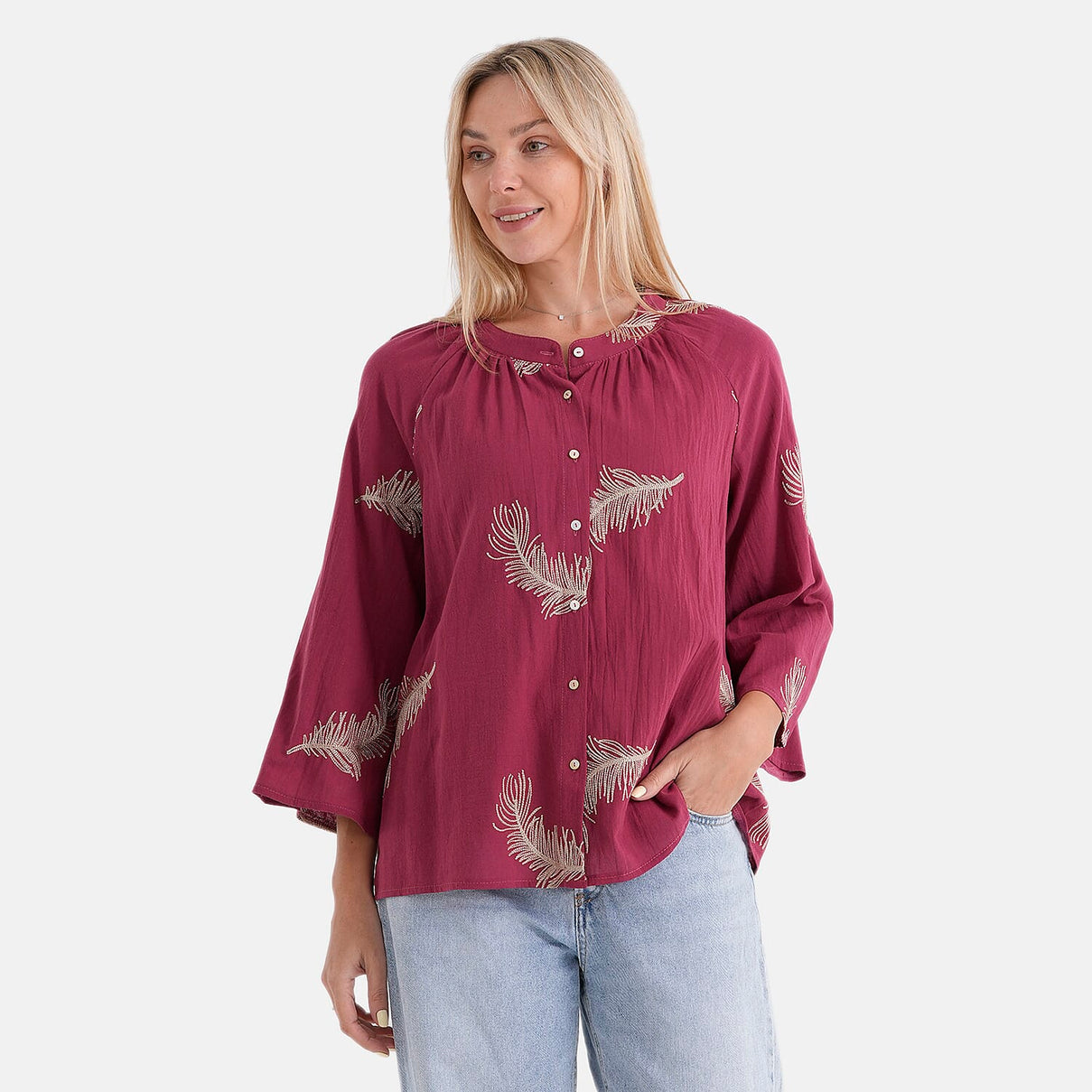 La Marey Cotton Embroidery Long-Sleeve Blouse (Size 16 to 22) - Red V32532810 5