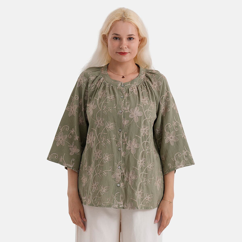 La Marey Cotton Embroidered Short Sleeve Top (Size - S-M, 8-14) - Moss Green