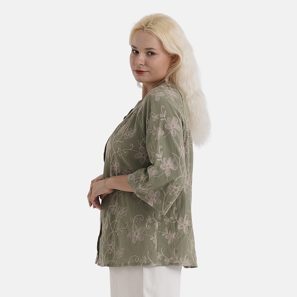 La Marey Cotton Embroidered Short Sleeve Top (Size - S/M, 8-14) - Moss Green V32604387 4