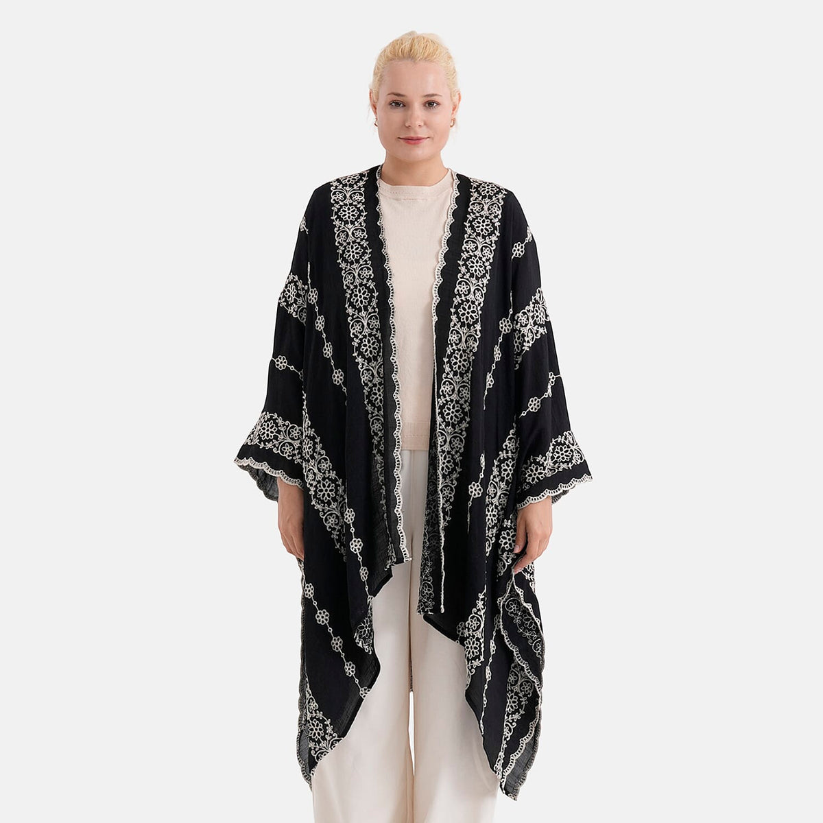 La Marey Cotton Embroidery Midi Kimono (One Size) - Black V32539101 0