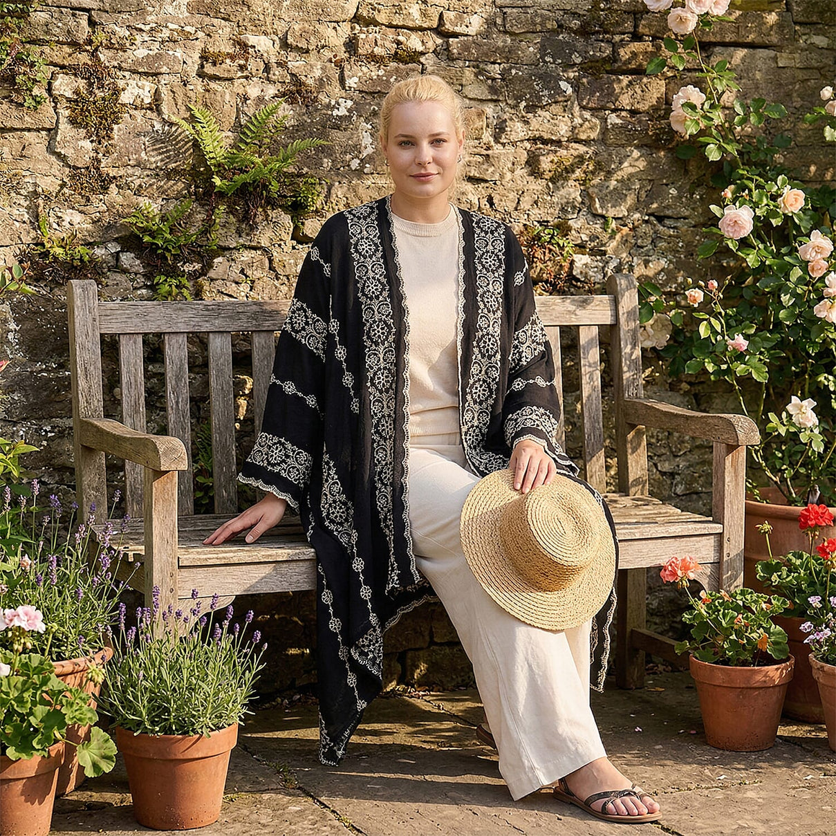 La Marey Cotton Embroidery Midi Kimono (One Size) - Black V32539101 2