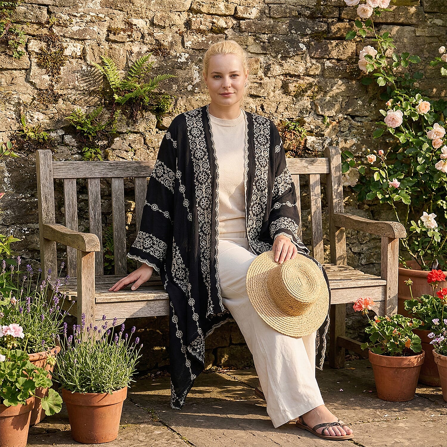 La Marey Cotton Embroidery Midi Kimono (One Size) - Black V32539101 2