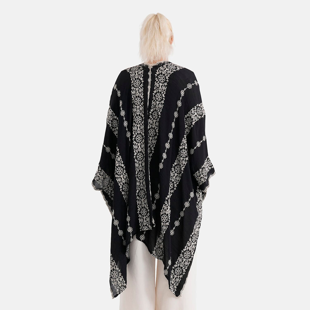 La Marey Cotton Embroidery Midi Kimono (One Size) - Black