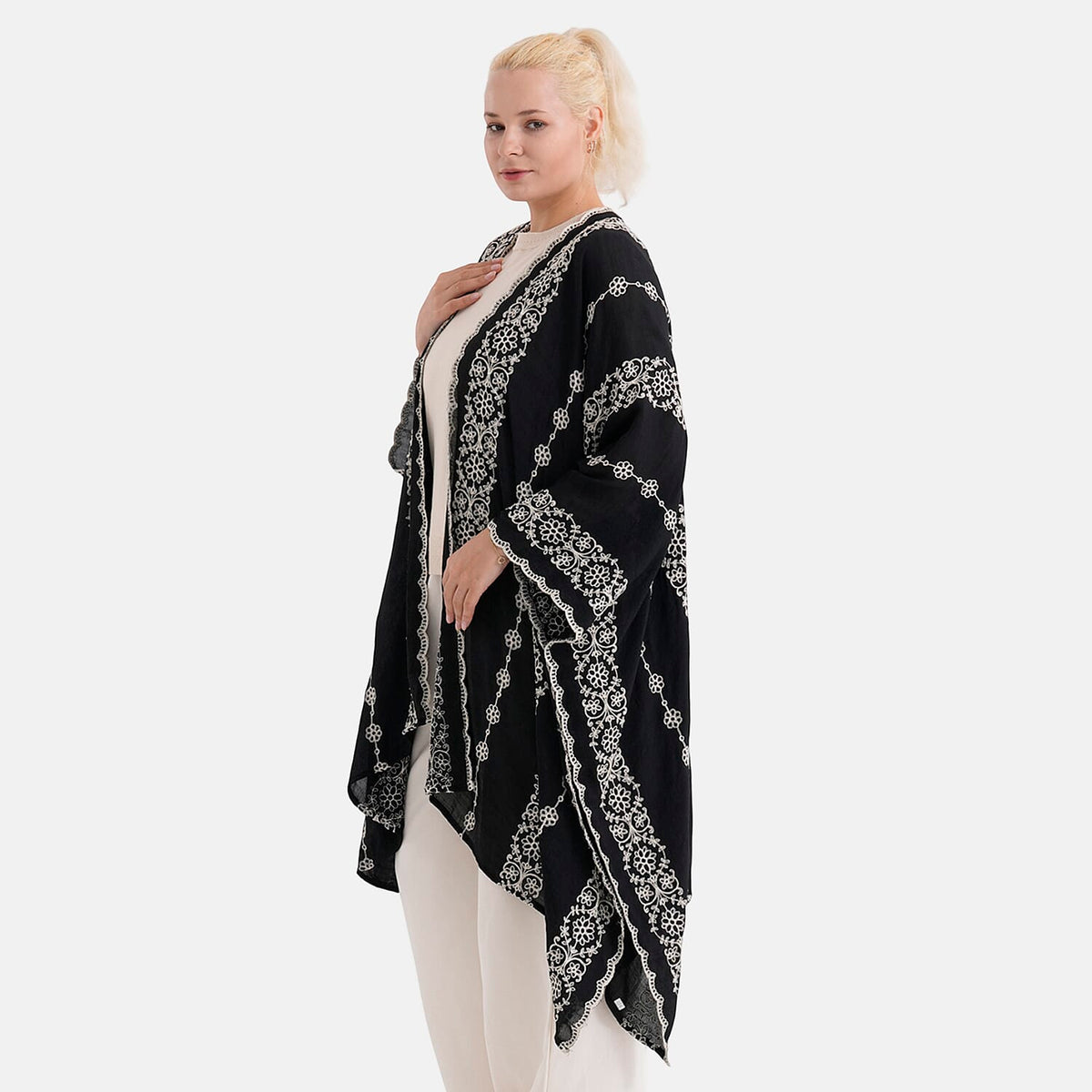 La Marey Cotton Embroidery Midi Kimono (One Size) - Black V32539101 4