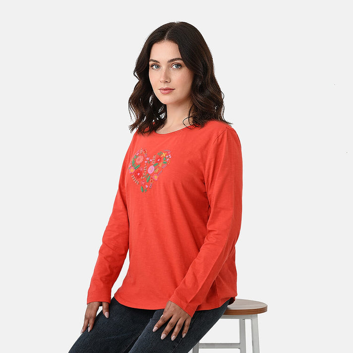 La Marey Cotton Floral Heart Embroidered full Sleve T-Shirt (Size L, 16 to 18) - Red 8465864 2