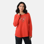 La Marey Cotton Floral Heart Embroidered full Sleve T-Shirt (Size L, 16 to 18) - Red