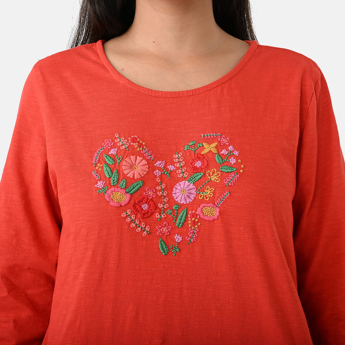 La Marey Cotton Floral Heart Embroidered Full Sleeve T-Shirt (Size L, 16 to 18) - Red V32572691 6
