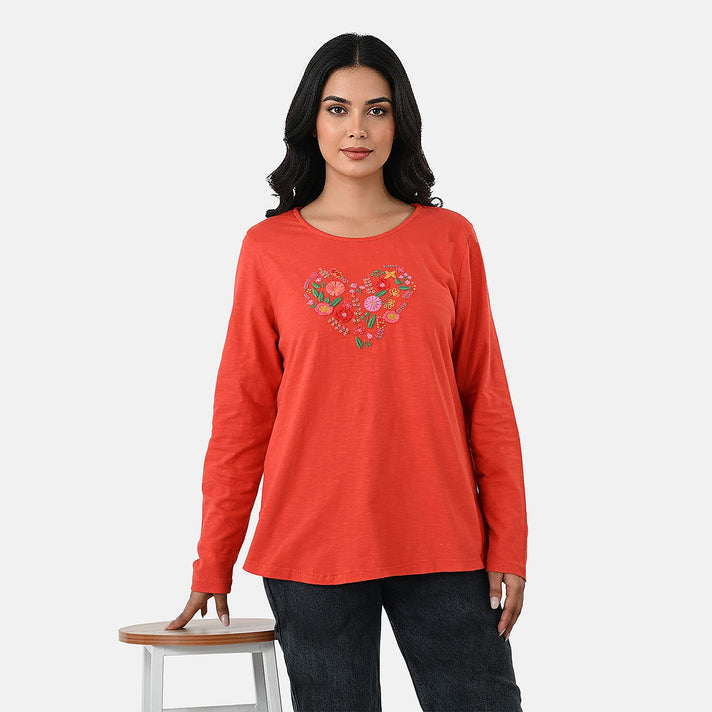 La Marey Cotton Floral Heart Embroidered full Sleve T-Shirt (Size M, 12 to 14) - Red 8465853 1
