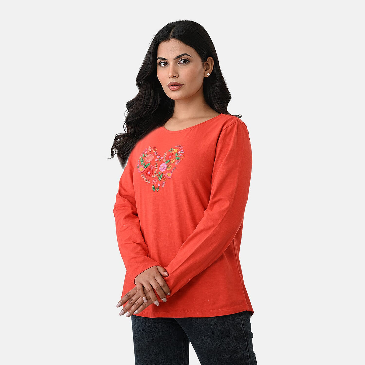 La Marey Cotton Floral Heart Embroidered full Sleve T-Shirt (Size M, 12 to 14) - Red 8465853 4