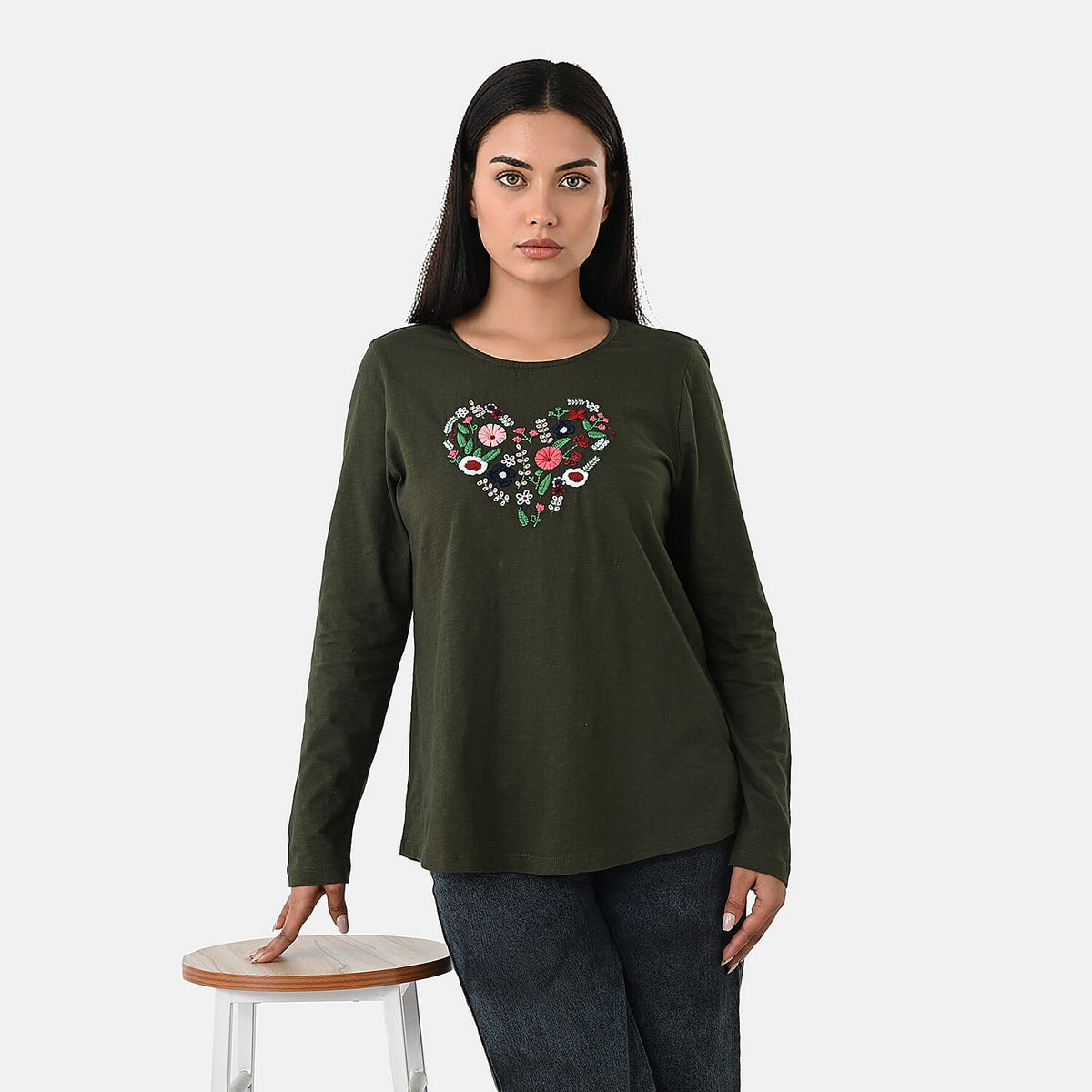 La Marey Cotton Floral Heart Embroidered Full Sleeves T- Shirt (Size S, 8 To 10) - Khaki V32580195 0