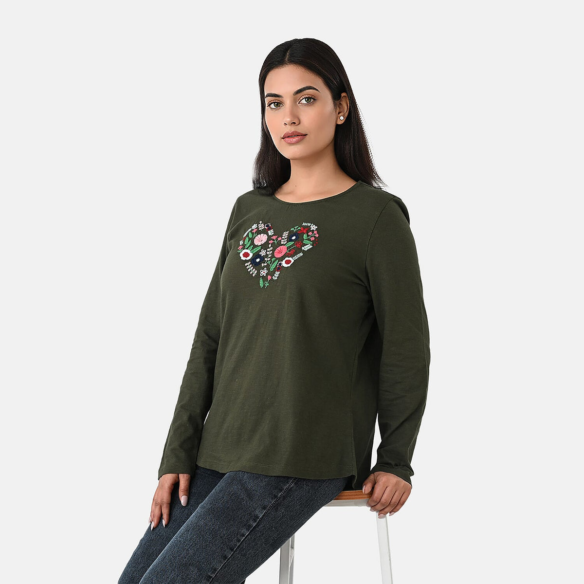 La Marey Cotton Floral Heart Embroidered Full Sleeves T- Shirt (Size S, 8 To 10) - Khaki V32580195 2