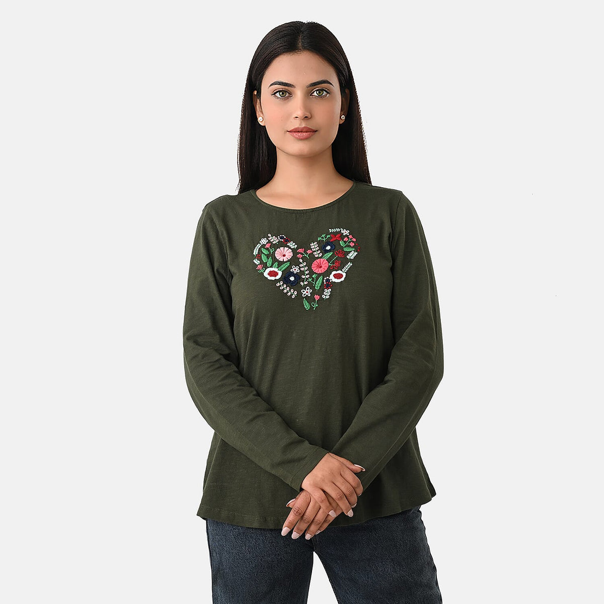 La Marey Cotton Floral Heart Embroidered Full Sleeves T- Shirt (Size S, 8 To 10) - Khaki V32580195 3