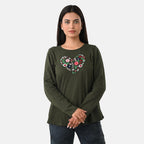 La Marey Cotton Floral Heart Embroidered Full Sleeves T- Shirt (Size S, 8 To 10) - Khaki