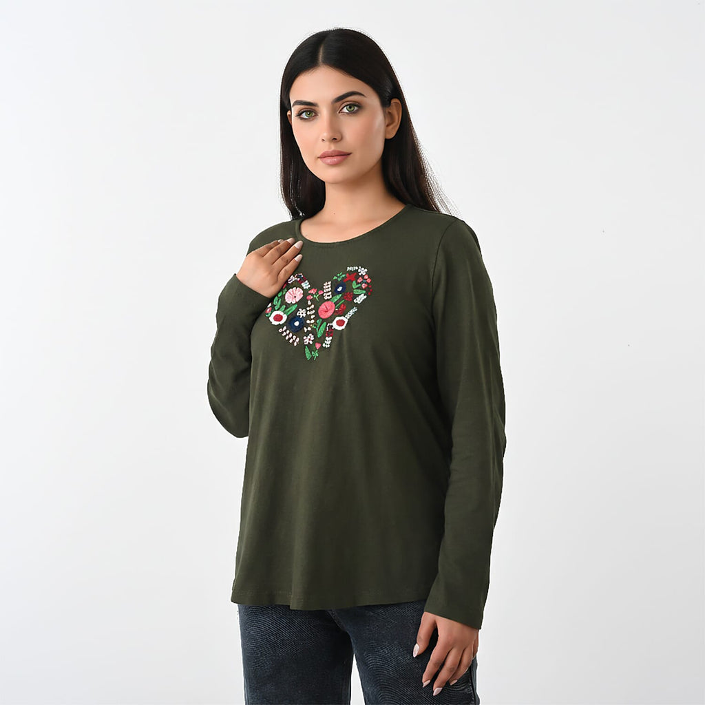 La Marey Cotton Floral Heart Embroidered Full Sleeves T- Shirt (Size S, 8 To 10) - Khaki