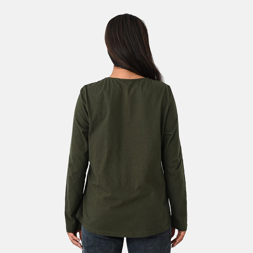 La Marey Cotton Floral Heart Embroidered Full Sleeves T- Shirt (Size S, 8 To 10) - Khaki