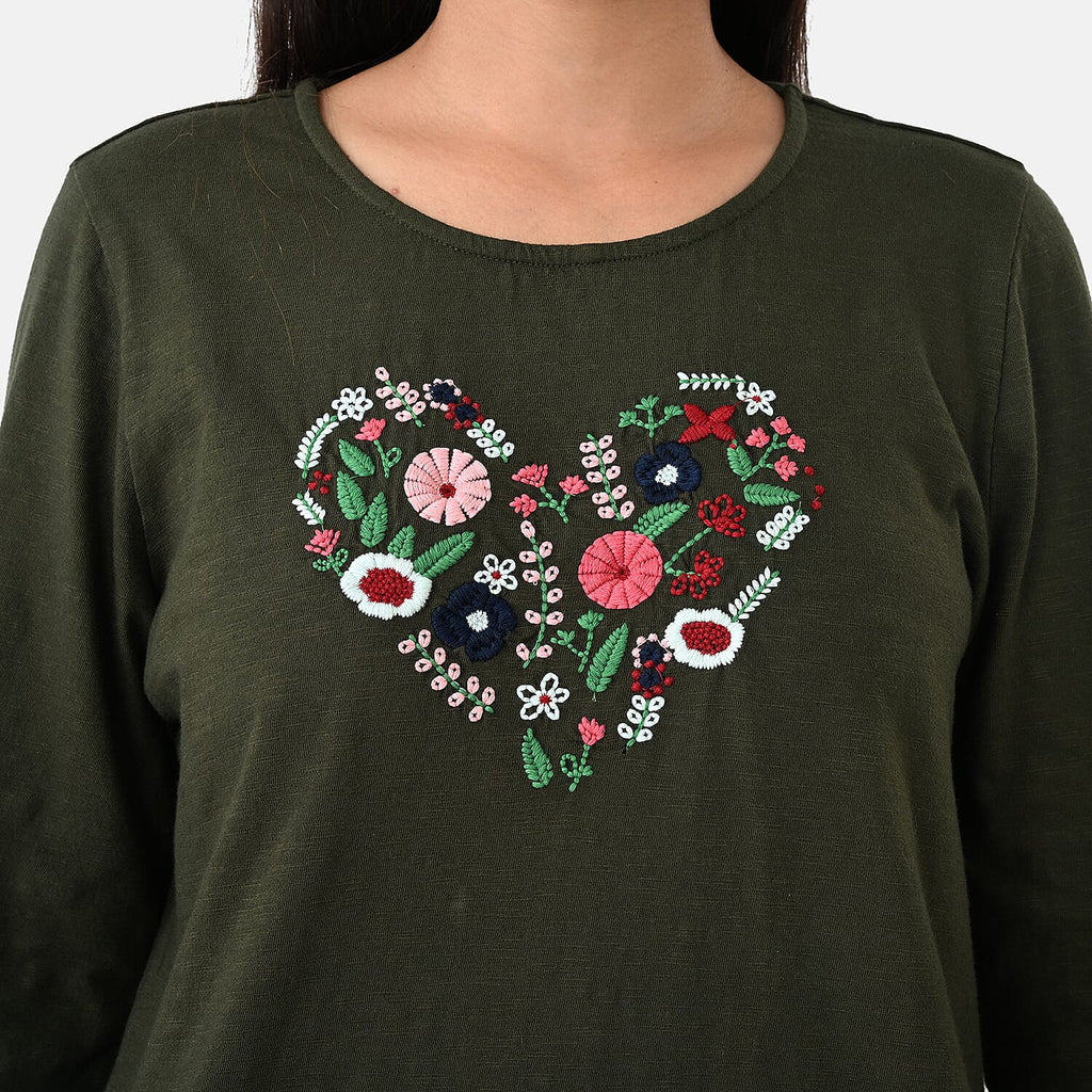 La Marey Cotton Floral Heart Embroidered Full Sleeves T- Shirt (Size S, 8 To 10) - Khaki