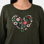 La Marey Cotton Floral Heart Embroidered Full Sleeves T- Shirt (Size S, 8 To 10) - Khaki