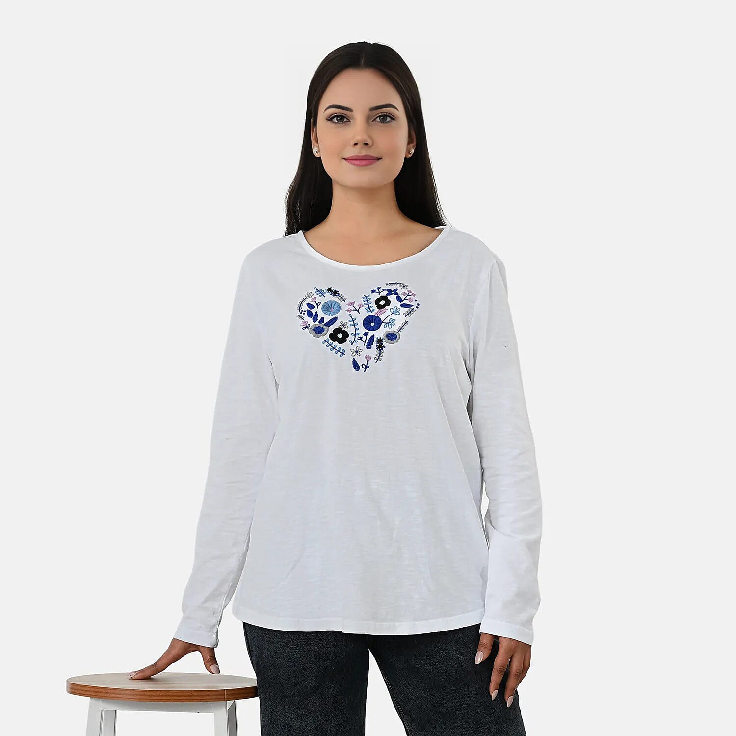 La Marey Cotton Floral Heart Embroidered full Sleve T-Shirt (Size S, 8 to 10) - Off White V32514060 0